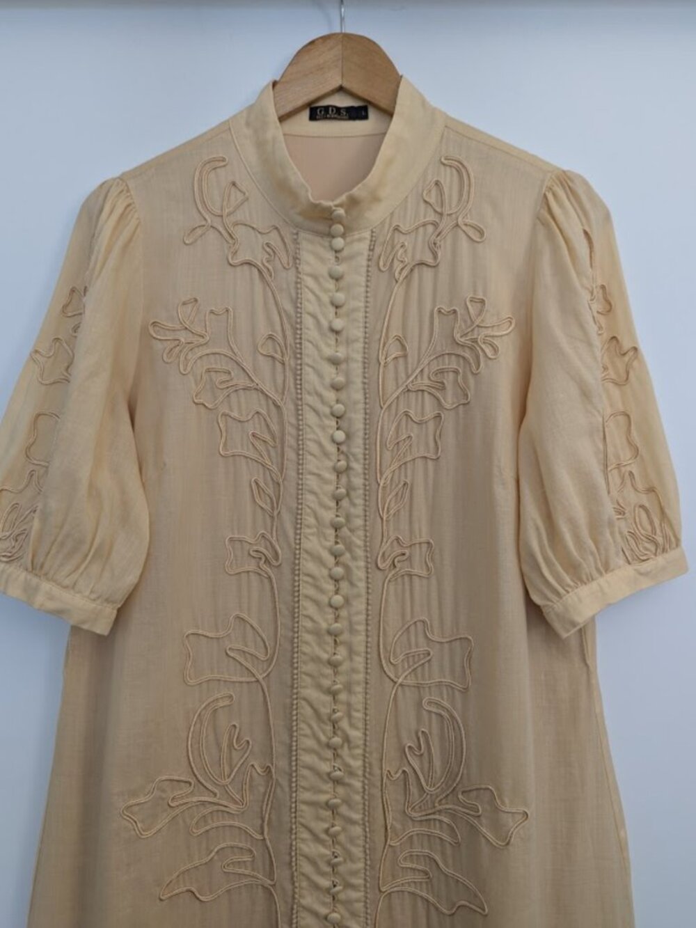 G.D.S Ella Rodrigues L Linen Midi Dress Banana Yellow Art Deco Romance - Picture 3 of 15